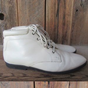 80s 90s Bone Leather Laceup Granny Boots | Beige Leather Ankle Boots
